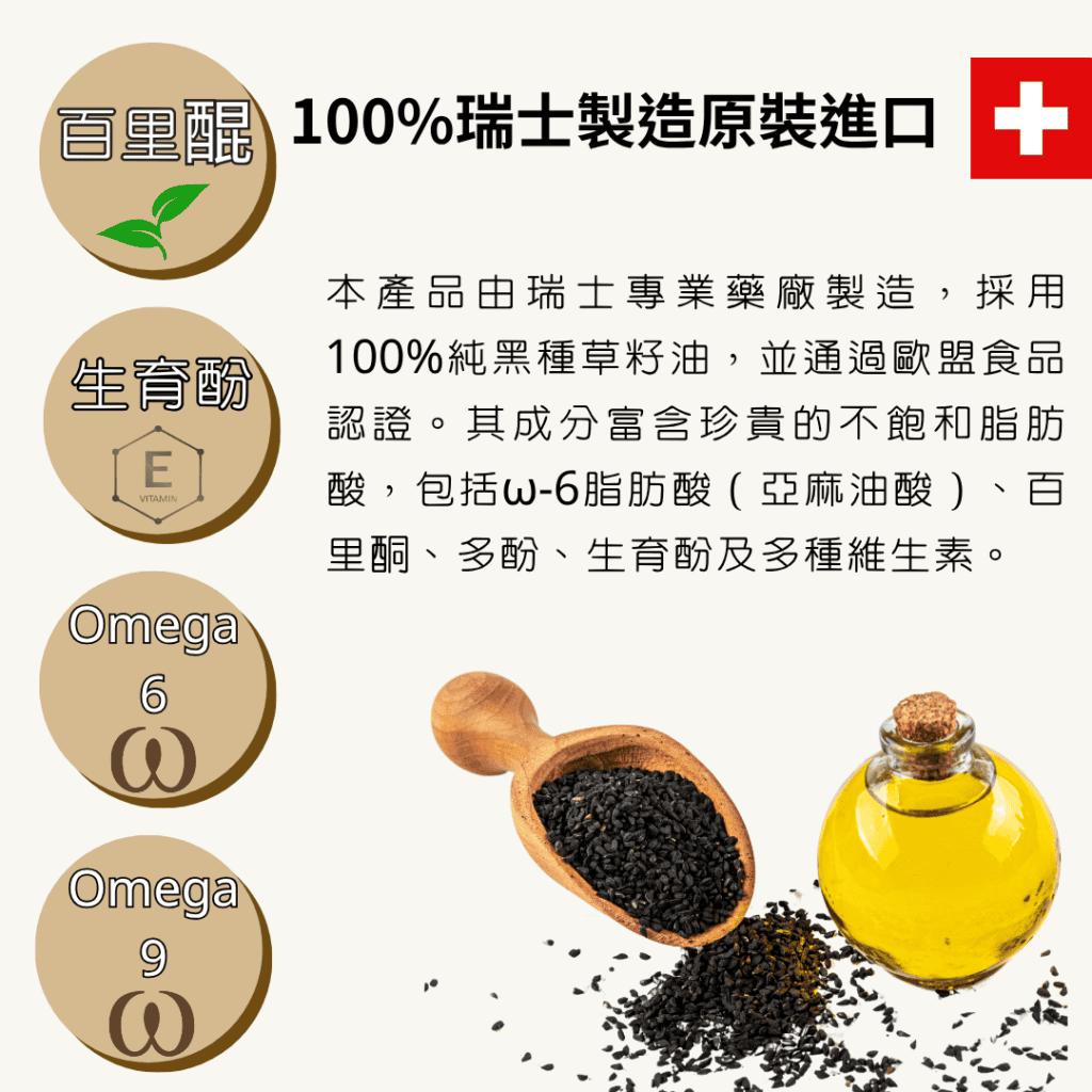 100%瑞士製造原裝進口 本產品由瑞士專業藥廠製造，採用100%純黑種草籽油，並通過歐盟食品認證。其成分富含珍貴的不飽和脂肪酸，包括ω-6脂肪酸（亞麻油酸）、百里酮、多酚、生育酚及多種維生素。