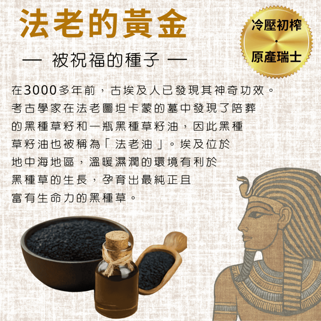 法老的黃金被祝福的種子 在3000多年前，古埃及人已發現其神奇功效。考古學家在法老圖坦卡蒙的墓中發現了陪葬 的黑種草籽和一瓶黑種草籽油，因此黑種 草籽油也被稱為「法老油」。埃及位於 地中海地區，溫暖濕潤的環境有利於 黑種草的生長，孕育出最純正且 富有生命力的黑種草。 冷壓初榨 原產瑞士