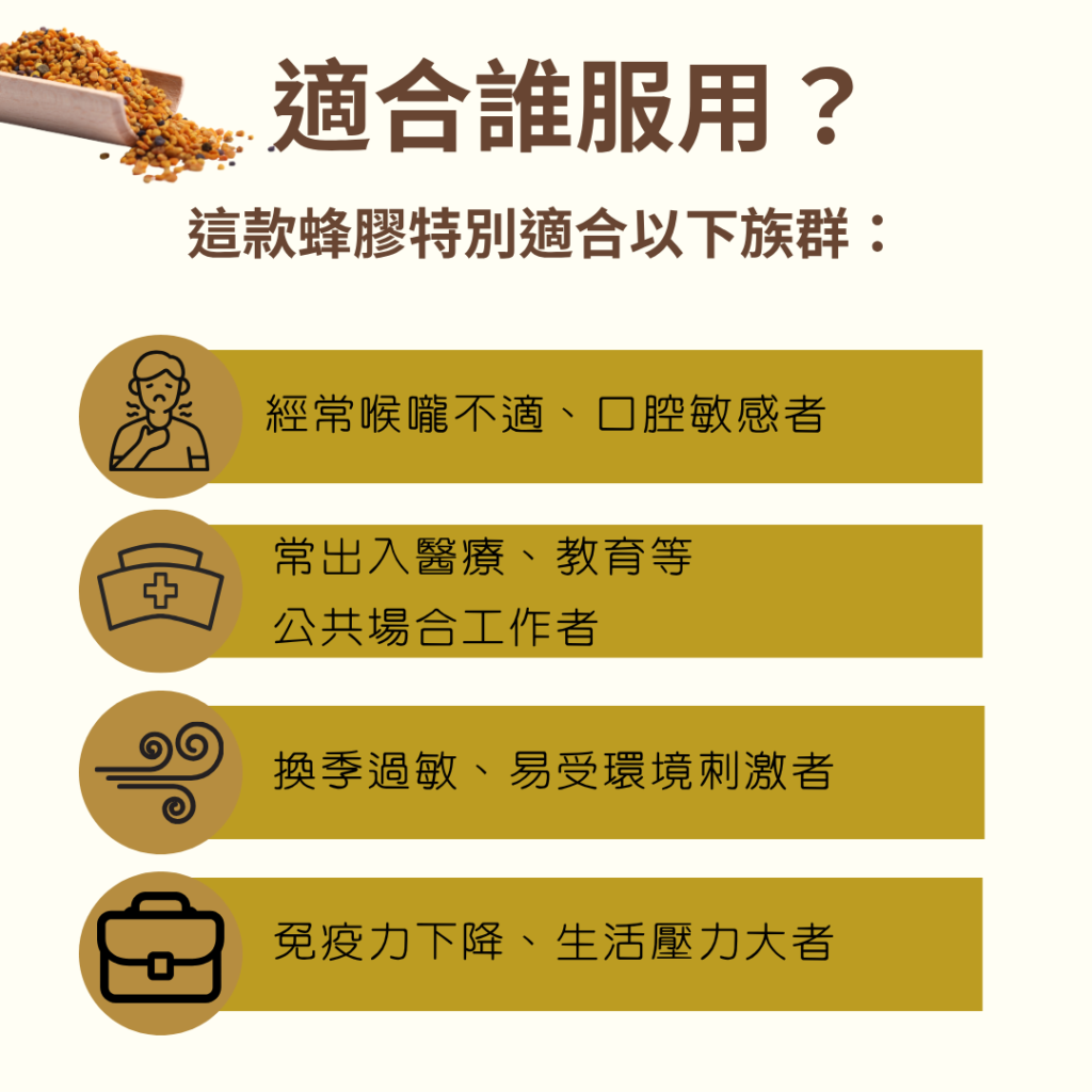 適合誰服用？
這款蜂膠特別適合以下族群：

經常喉嚨不適、口腔敏感者
常出入醫療、教育等
公共場合工作者
換季過敏、易受環境刺激者
免疫力下降、生活壓力大者