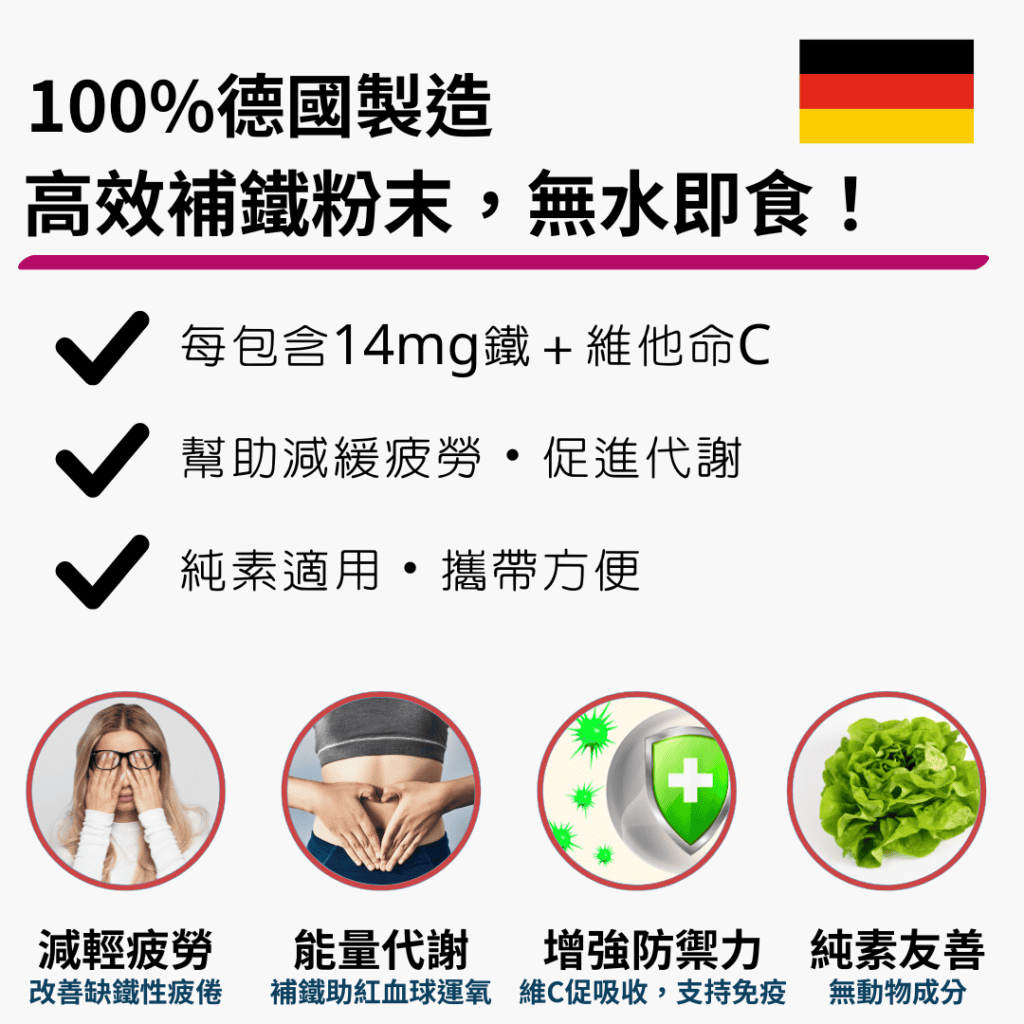 100%德國製造 高效補鐵粉末，無水即食！ 每包含14mg鐵＋維他命C 幫助減緩疲勞・促進代謝 純素適用・攜帶方便
