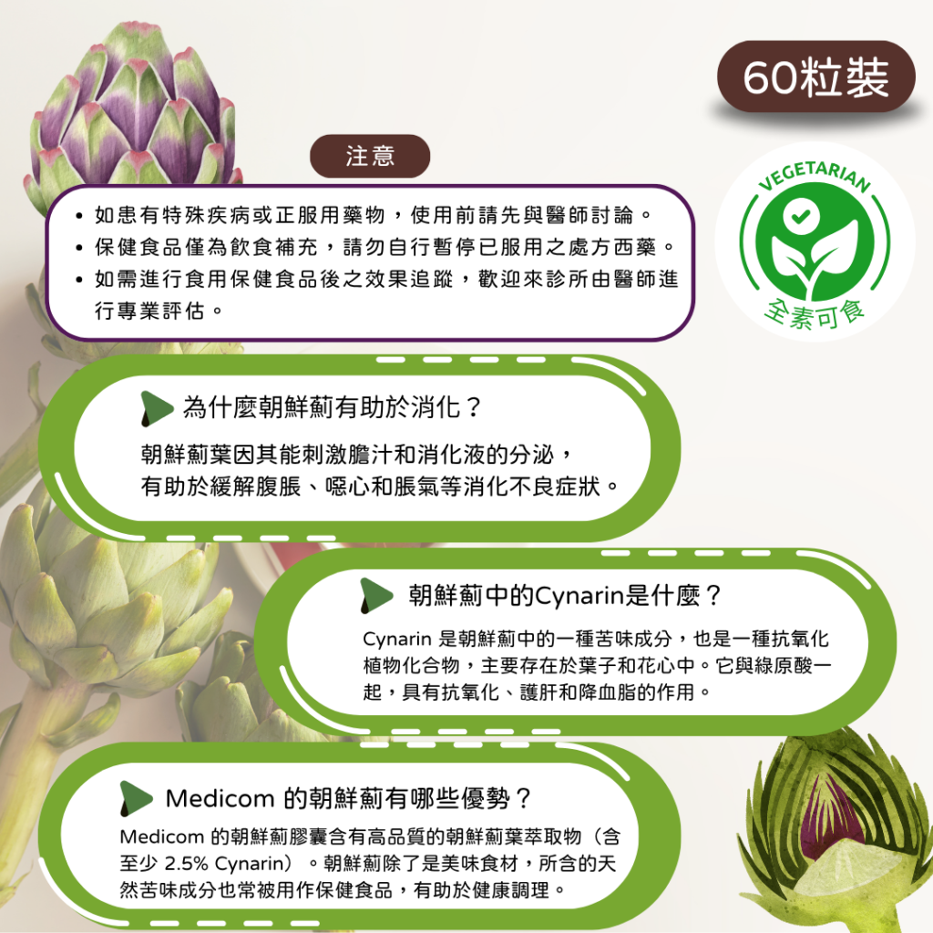 為什麼朝鮮薊有助於消化？ 朝鮮薊葉因其能刺激膽汁和消化液的分泌， 有助於緩解腹脹、噁心和脹氣等消化不良症狀。 朝鮮薊中的Cynarin是什麼？ Cynarin 是朝鮮薊中的一種苦味成分，也是一種抗氧化植物化合物，主要存在於葉子和花心中。它與綠原酸一起，具有抗氧化、護肝和降血脂的作用。 