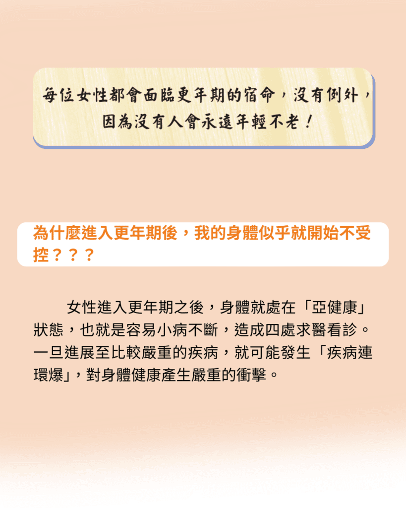 為什麼進入更年期後，我的身體似乎就開始不受控？？？ 女性進入更年期之後，身體就處在「亞健康」狀態，也就是容易小病不斷，造成四處求醫看診。一旦進展至比較嚴重的疾病，就可能發生「疾病連環爆」，對身體健康產生嚴重的衝擊。