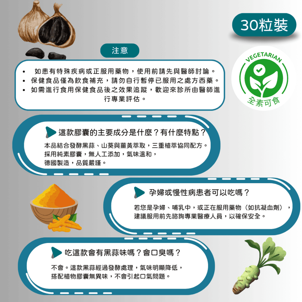 這款膠囊的主要成分是什麼？有什麼特點？ 本品結合發酵黑蒜、山葵與薑黃萃取，三重植萃協同配方。 採用純素膠囊，無人工添加，氣味溫和， 德國製造，品質嚴謹。 孕婦或慢性病患者可以吃嗎？ 若您是孕婦、哺乳中，或正在服用藥物（如抗凝血劑）， 建議服用前先諮詢專業醫療人員，以確保安全。 吃這款會有黑蒜味嗎？會口臭嗎？ 不會。這款黑蒜經過發酵處理，氣味明顯降低， 搭配植物膠囊無異味，不會引起口氣問題。